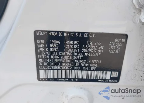 2019 Honda Hr-V Ex-L из США, поврежденный, VIN 3CZRU6H78KM721080